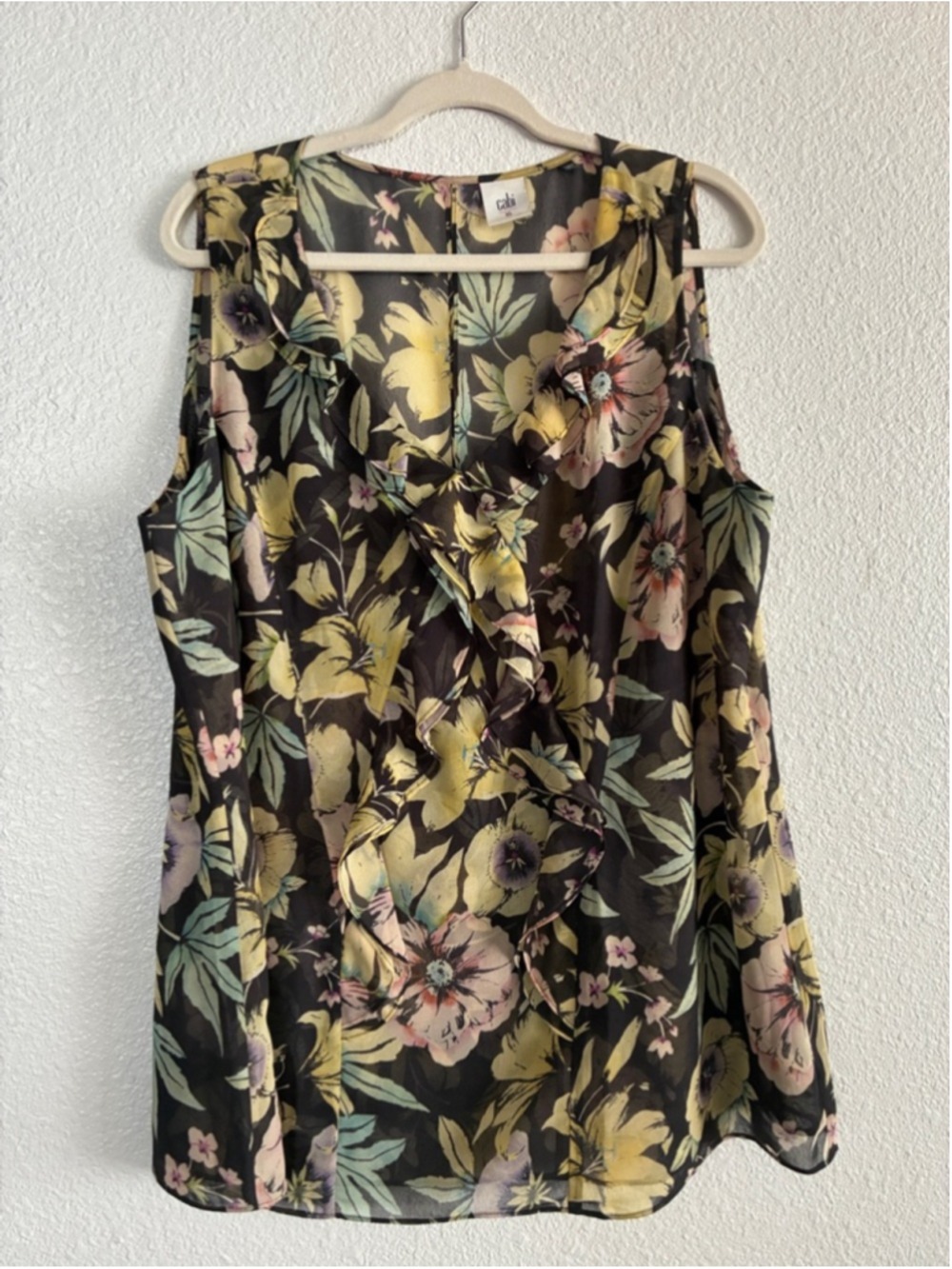 CAbi Black Floral Ruffle Sleeveless Camisole
